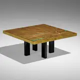 Elias Segura Pasqual, Coffee table, c. 1980, etched brass, enameled steel, malachite, agate
