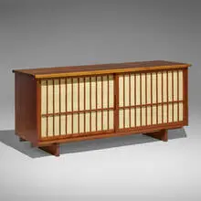 George Nakashima, Double Sliding Door cabinet, 1958, American black walnut, Claro walnut, pandanus cloth