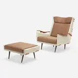 L'Atelier, Chair and ottoman, c. 1965, microsuede, upholstery, imbuia, brass