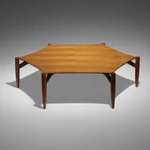 Hexagonal coffee table by Greta Magnusson Grossman, 1959, walnut, sold Apr 2024