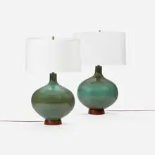 David Cressey, Table lamps, pair, c. 1970, glazed stoneware, walnut, linen
