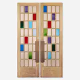 Double doors from the Daphne Funeral Home, San Francisco by A. Quincy Jones and Frederick Earl Emmons, 1954, stained glass, oak, sold Apr 2024