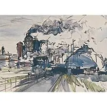 Oil Refinery by Gertrude Freyman, watercolor on paper, sold May 2001