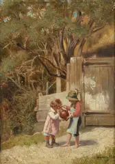 Joseph Eugen Hörwarter, Siblings sharing a water jug, oil on panel