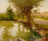Alexandre Tielens, Along the banks of a sunlit inlet, oil on canvas