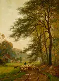 Auguste Breugelmans, A landscape with a shepherd and his flock, oil on canvas
