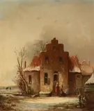 Jacobus Johannes Cremer, A frozen winter landscape with figures outside a cottage, oil on canvas
