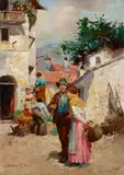 Witman Etelka Vizkeleti, A couple in a market courtyard; A musical trio (a pair), both oil on canvas