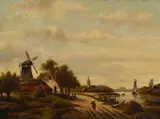 J.C. Corver, A summer landscape with figures along a canal near a windmill, oil on board