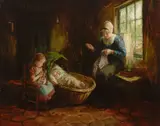 A mother sewing in an interior with her children by Cornelius Christiaan Zwaan, oil on canvas, sold Mar 2019