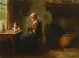 Bernard de Hoog, A mother and child in a cottage interior, oil on canvas