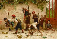 Cipriano Cei, Mischievous boys stealing grapes, oil on canvas