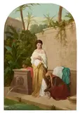 Enrico Fanfani, A woman near a bath with her attendant, oil on canvas