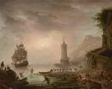 Joseph Vernet, A busy coastal scene with figures on the shore and a lighthouse beyond, oil on canvas