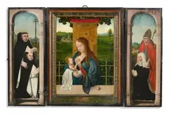Netherlandish School, A triptych: The Madonna and Child (central panel); A Dominican saint beside a donor wearing a Dominican habit and a Bishop saint beside a nun donor in a Domincan habit (wings), oil on panel