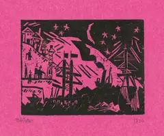 Nacht an der Küste by Lyonel Feininger, 1918, Holzschnitt auf magentafarbenem Seidenpapier, sold Nov 2017