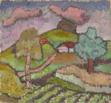 Karen Schacht, Hügellandschaft mit zwei Bäumen, Um 1930, Öl auf Leinwand, auf Karton aufgezogen