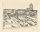 Max Beckmann, Stadtansicht mit eisernem Steg, 1923, Kaltnadel auf BSB-Bütten
