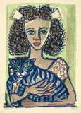 Otto Dix, Mädchen mit Katze I (Kopf geradeaus), 1956, Farblithographie auf Van Gelder Zonen-Bütten