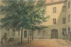 Eduard Gaertner, Hof des Joachimsthalschen Gymnasiums“ (Berlin), 1857, Aquarell über Bleistift auf chamoisfarbenem Velin