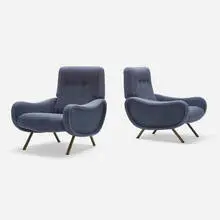 Lady lounge chairs, pair by Marco Zanuso, 1951, upholstery, brass, sold Feb 2024