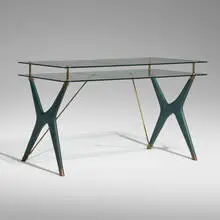 Silvio Berrone, Desk, c. 1955, brass, embossed faux leather, Vitrex glass