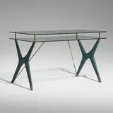 Silvio Berrone, Desk, c. 1955, brass, embossed faux leather, Vitrex glass