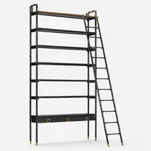 attribution Jacques Adnet, Bookshelf and ladder, set of two, c. 1960, saddle-stitched leather over steel and wood, enameled steel, brass