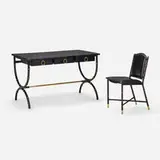 Gilles Sermadiras, Desk with chair, c. 1950, saddle-stitched leather over steel and wood, leather upholstery, brass