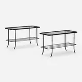 Gilles Sermadiras, Side tables, pair, c. 1950, saddle-stitched leather over steel, brass, glass