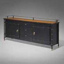 Jacques Adnet, Sideboard cabinet, c. 1955, saddle-stitched leather over steel, oak, brass