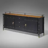 Jacques Adnet, Sideboard cabinet, c. 1955, saddle-stitched leather over steel, oak, brass