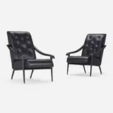 Jacques Adnet, Lounge chairs, pair, c. 1950, leatherette, brass