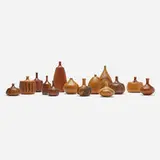 Rude Osolnik, Collection of fourteen vessels, c. 1960, dogwood, guanacaste, gumwood, rhododendron, rosewood, oak, pine, pine knot, western pine, walnut, spalted maple