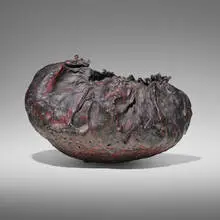 Vessel (#2359) by June Schwarcz, 2008, electroplated copper mesh, enamel, fire scale with brass brush, sold Feb 2024