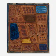 Kay Whitcomb, Untitled, 1969, earthenware with partial glaze and impressed designs mounted to board in artist's frame