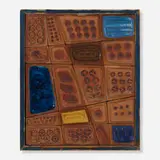 Kay Whitcomb, Untitled, 1969, earthenware with partial glaze and impressed designs mounted to board in artist's frame