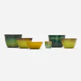 Jade Snow Wong, Group of six vessels, c. 1975, enameled copper
