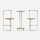 Shiro Kuramata, Three-legged B chairs, pair and table, 1986, chrome-plated steel, oak veneer, plywood