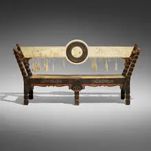 Carlo Bugatti, Important bench, c. 1900, carved and ebonized wood, Italian walnut, pewter inlay, hand-decorated vellum, copper, brass, silk