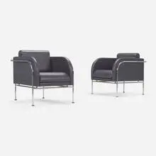 Friis & Moltke, Lounge chairs, pair, c. 1995, leather, chrome-plated steel