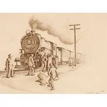 Daniel Celentano, The Train Station, 1944, sepia pencil on paper