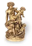 Claude Michel called Clodion, late 19th century gilt bronze figural group of a bacchante, a faun and a putto, gilt bronze