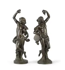 François Théodore Devaulx, pair of late 19th century patinated bronze figures of dancing bacchantes, patinated bronze