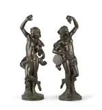 François Théodore Devaulx, pair of late 19th century patinated bronze figures of dancing bacchantes, patinated bronze