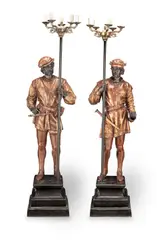 Anatole Jean Thomas Guillot, pair of decorative patinated and gilt bronze figural five light torchieres, gilt bronze