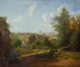 Deutsch oder französisch, um 1820, Blick über Rom vom Garten der Villa Borghese mit St. Peter im Hintergrund, Öl auf Leinwand