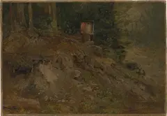 Carl Blechen, Waldstück mit einem Tabernakel, Öl auf Papier, auf Holz montiert
