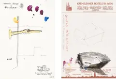 Martin Kippenberger, Ohne Titel (Kremslehner Hotels in Wien / Ristorante Albergo all'Arciduca, Trieste), 1988, 2 Zeichnungen: Jeweils Aquarell, Farbstift, Grafit und Kugelschreiber auf halbtransparentem Hotelbriefpapier bzw. Papier