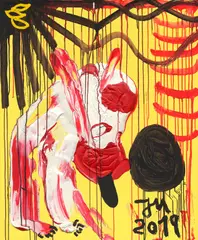 Jonathan Meese, DR. NO'S LIEBLINGSHUND „FEATHER STROMIAN“ BELLT NUR KUNST!, 2019, Öl und Acryl auf Leinwand